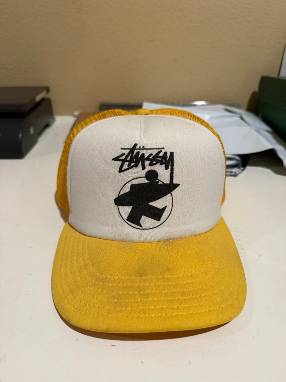Stussy Surfman Logo Trucker Hat Yellow White Mesh Snapback Cap